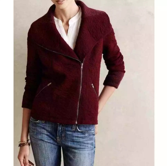 Anthropologie Moto Sweater Jacket in Burgundy Paisley Jacquard Print - Picture 2 of 12